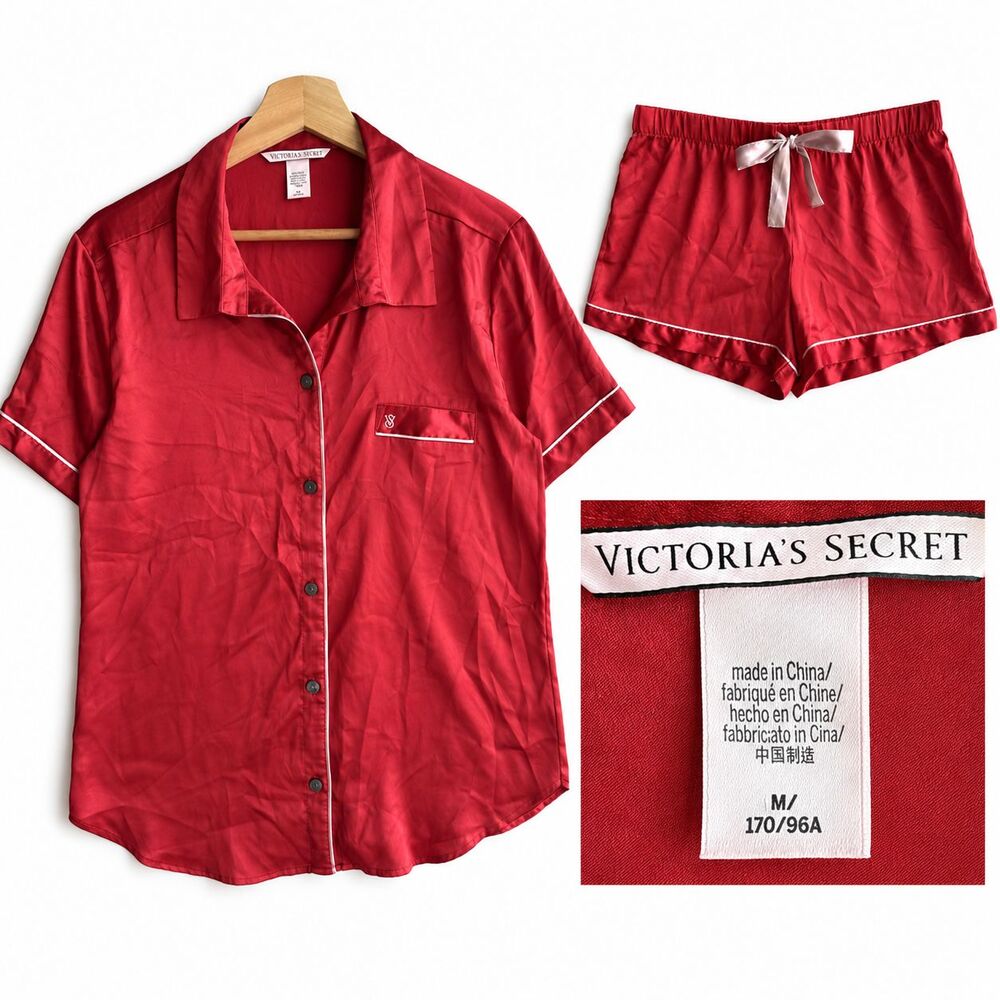 VTG Victoria’s Secret Red Silk Pajama Top/Short Set Women’s M Satin White Pipe